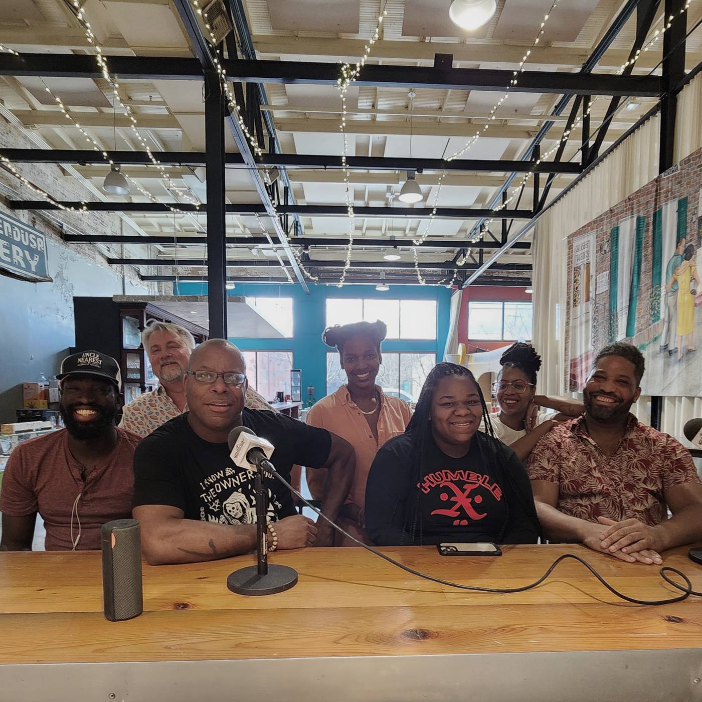The NOLADrinks Show with Bryan Dias – Turning Tables 2023 – 2023Ep03 – Front row from left – Thomas Moore, Geoffrey Wilson, Rachel Johnson, and Touré Folkes. Back row left – Bryan Dias, Erika Flowers, and Shauntaye Merritt-Williams.